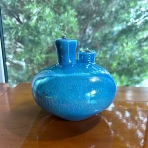 Vintage Latterman Studio Pottery Oil Lamp – Blue Glazed Double Spout,